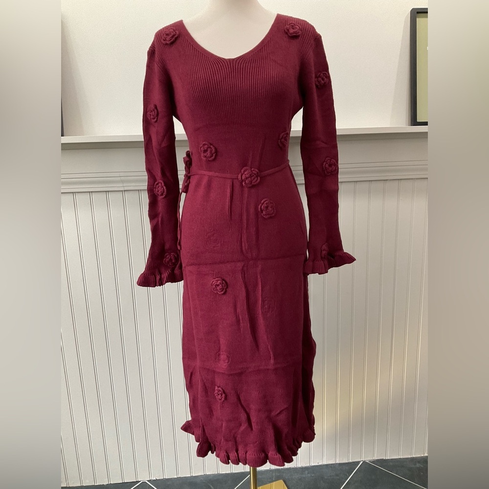 Dalia MacPhee Burgundy Sweater Dress Floral Crochet Long Sleeve Midi Size Large - Picture 2 of 5